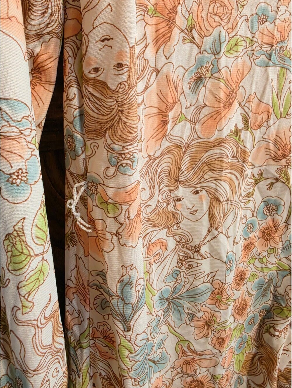 Vintage 70s Art Nouveau Print Dress, Dagger Collar, Size 12